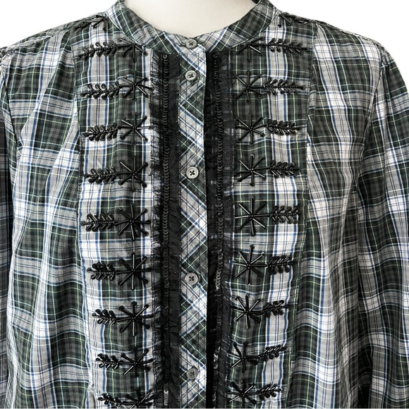 J.Crew Blue Green Tartan Plaid Button Down Top Size Large Ruffled Beaded Blouse - Picture 7 of 14
